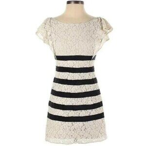 BCBGMAXAZRIA Mini Dress Women Size 0 Beige Black Embroidered Floral Cotton Blend